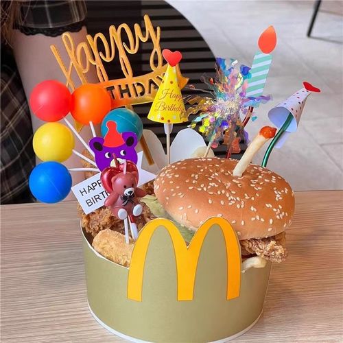 网红创意麦当劳生日小熊数字蜡烛汉堡蛋糕装饰插件自制生日桶插旗