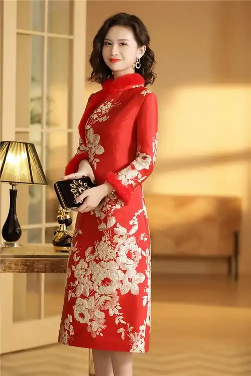 经典老货织锦缎旗袍中国风提花桑蚕丝手工旗袍 创汇时期 梅花短款-hao