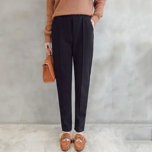 毛呢哈伦裤女2018秋冬新款韩版宽松高腰萝卜裤休闲松紧腰女式长裤