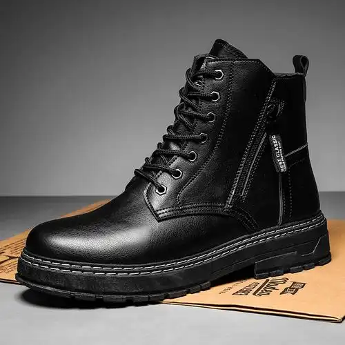 苏芈秋季高帮男鞋马丁靴工装美式马靴黑色皮靴短筒防水潮鞋增高英伦风