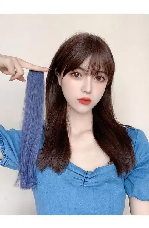 挂耳染一片式无痕假发片雾霾蓝lisa同款2021流行色彩色挑染酒红渐变一
