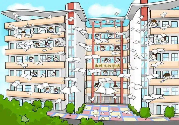 卡通校园风景明信片插画