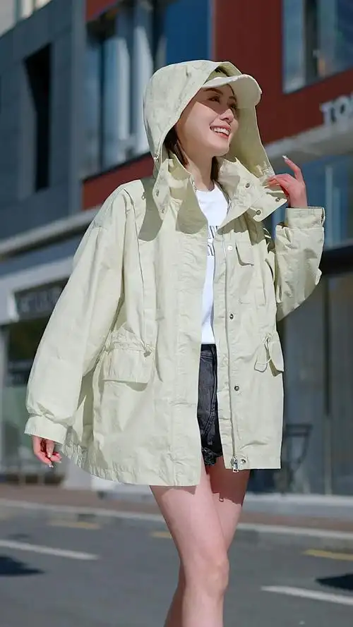 风衣外套女中长款春秋新款韩版宽松收腰显瘦休闲连帽工装上衣