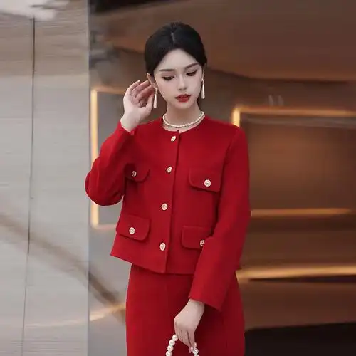 红色高端新款上市双面呢套装敬酒服冬季订婚礼服裙平时可穿回门服