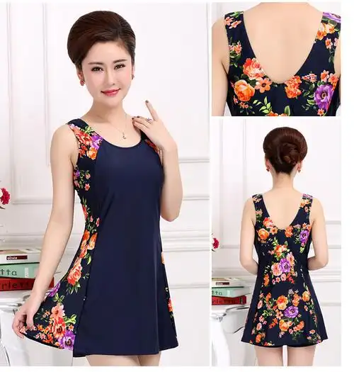 凯罗盾女装游泳衣加肥加大码 中老年人连体裙式平角泳衣妈妈款加肥