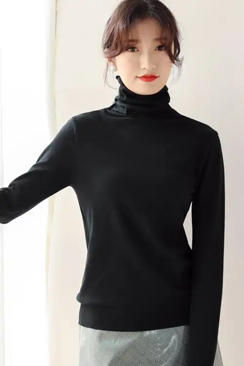 秋冬季新款韩版毛衣女针织衫打底衫堆堆领百搭长袖高领t恤上衣潮
