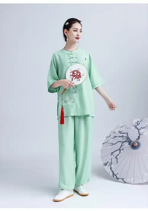 太极服夏季七分袖太极服女棉麻亚麻中袖短袖七分袖透气太极拳服练功服