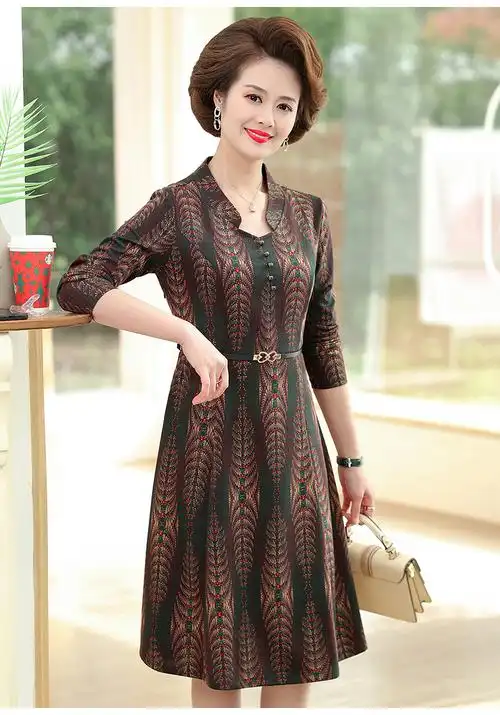 新款妈妈春装长袖连衣裙中长款时尚中老年女大码长裙子过膝大摆裙