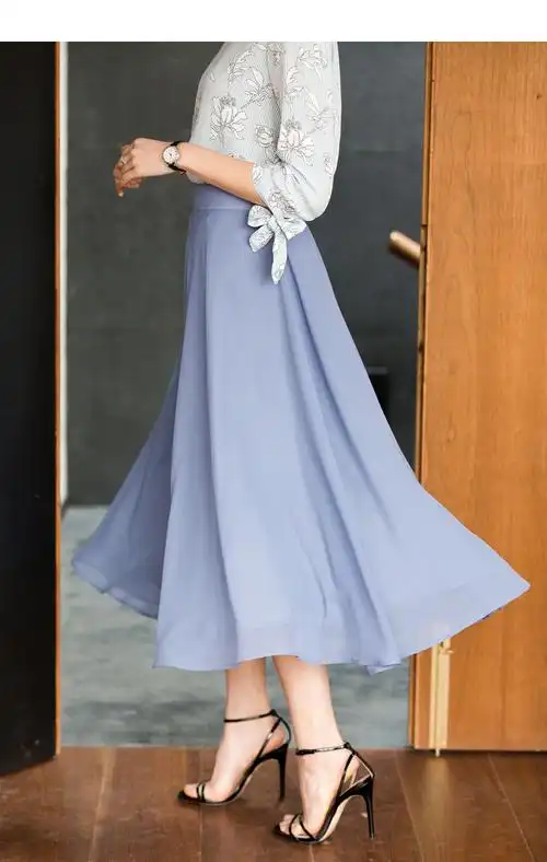 艺元素日系文艺雪纺半身裙伞裙高腰中长款大摆裙新款女装e8cec044 咖