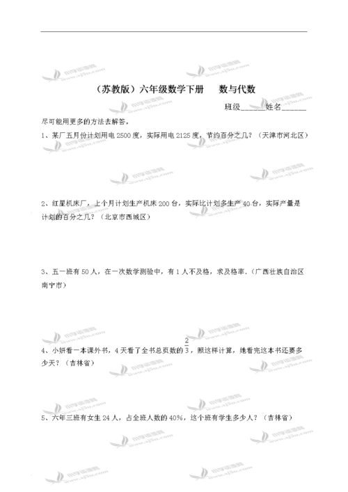 (苏教版)六年级数学下册 数与代数及答案.doc