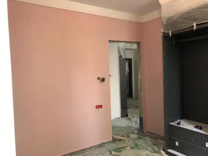 主卧背景墙荷兰兔 第一次刷完两遍感觉有点粉 又加了点色浆 师傅一直