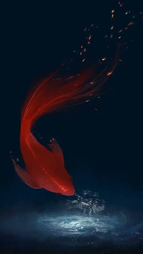 红色的鲤鱼在水中摆动长长的尾巴手绘手机壁纸鲤鱼手绘插画