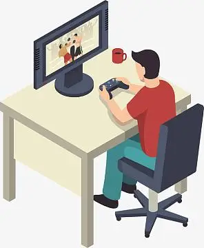 电脑玩游戏的矢量男子