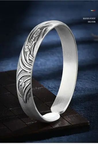 雪花银手镯女999足银开口名族风复古法银镯子母亲节送妈妈 批发