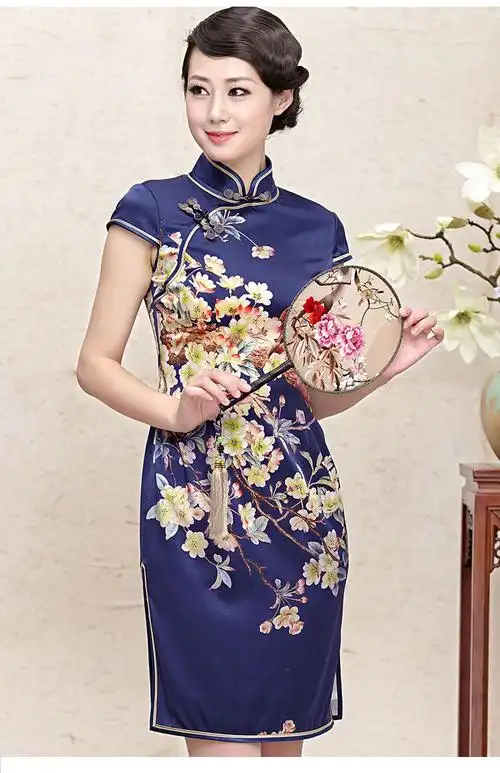 女款藏青色印花真丝旗袍