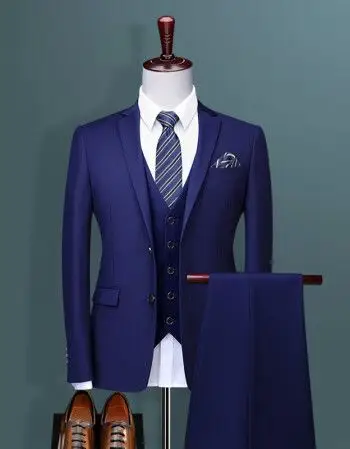 男士婚礼韩版修身礼服西装男套装西服男 深蓝色双扣(上衣 马甲 西裤)