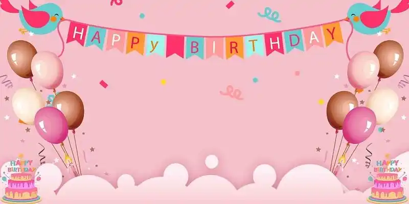 粉色少女生日快乐彩带气球蛋糕海报背景插画生日祝福背景生日背景