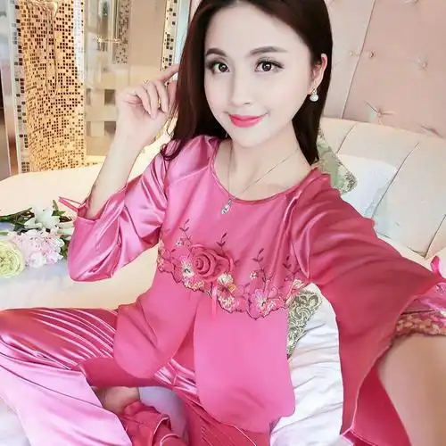 韩版真丝睡衣女生长袖套装春秋宽松袖冰丝性感蕾丝绸加大码家居服