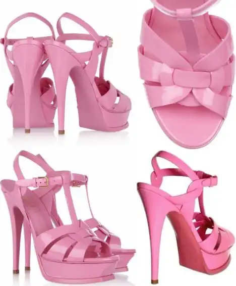 2012 ysl款圣罗兰 春夏羊漆皮 恨天高 糖果粉色罗马高跟凉鞋很特别的