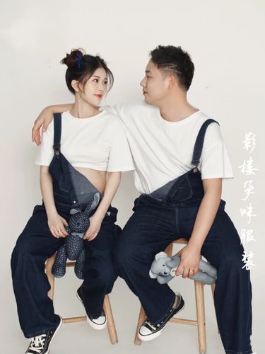 rvjp 孕妇背带裤秋冬 影楼主题情侣孕妇照服装时尚牛仔男女拍照夫妻