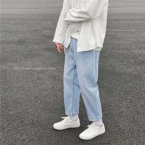 baluoshang浅蓝色牛仔裤男春秋季新款松紧腰直筒长裤男生宽松休闲九分