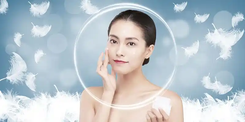 蓝灰色唯美泡泡水波羽毛美女化妆简约补水美白展板背景