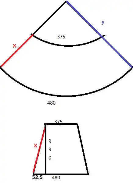 圆锥筒展开图怎么画:上口直径375,下口直径480,筒高990