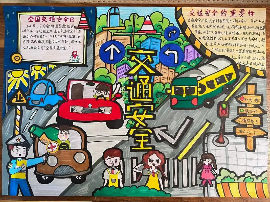 幼儿园小学交通安全主题绘画及手抄报 两个丫头学校幼儿园是邻居,同个