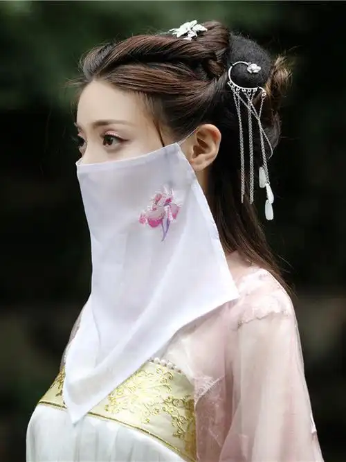 古风刺绣花面纱复古代汉服遮脸挂耳超仙古装汉服蒙面白色凤凰绑带面纱