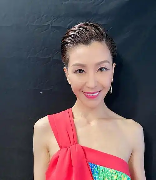 伍咏薇52岁了仍然又飒又酷大背头搭配一条彩色连衣裙超洋气