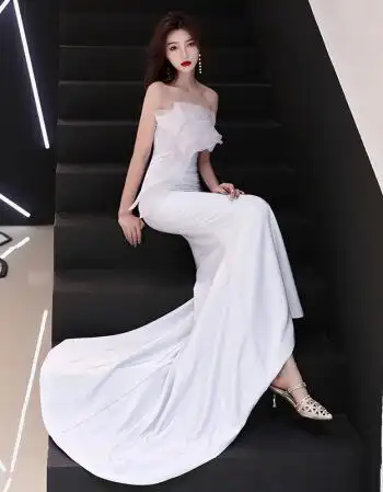 晚礼服女 欧美风宴会2018新款高贵优雅晚宴名媛气质白色长款鱼尾端庄