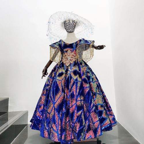 女童礼服出租蓝色梦幻长裙租赁童模走秀十二星座星空流苏长裙n193