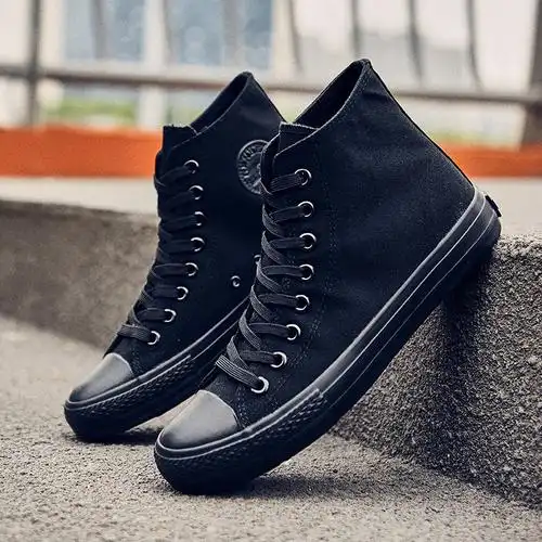 林先森高帮帆布鞋男黑青少年韩版百搭休闲板鞋38中学生潮流男鞋46帆布