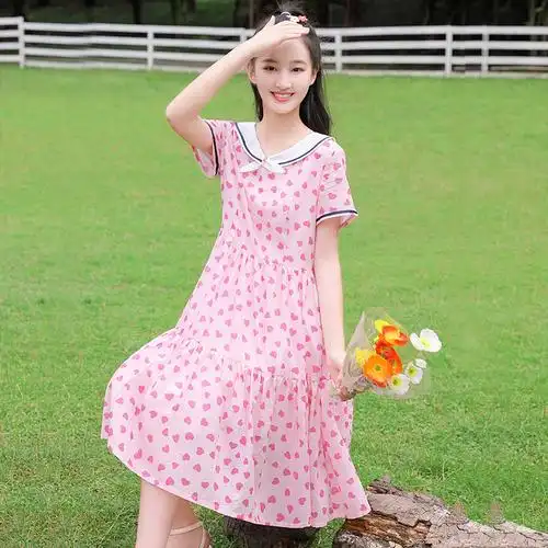 大童12岁女孩碎花长裙子夏季过膝少女连衣裙娃娃领高初中学生夏装
