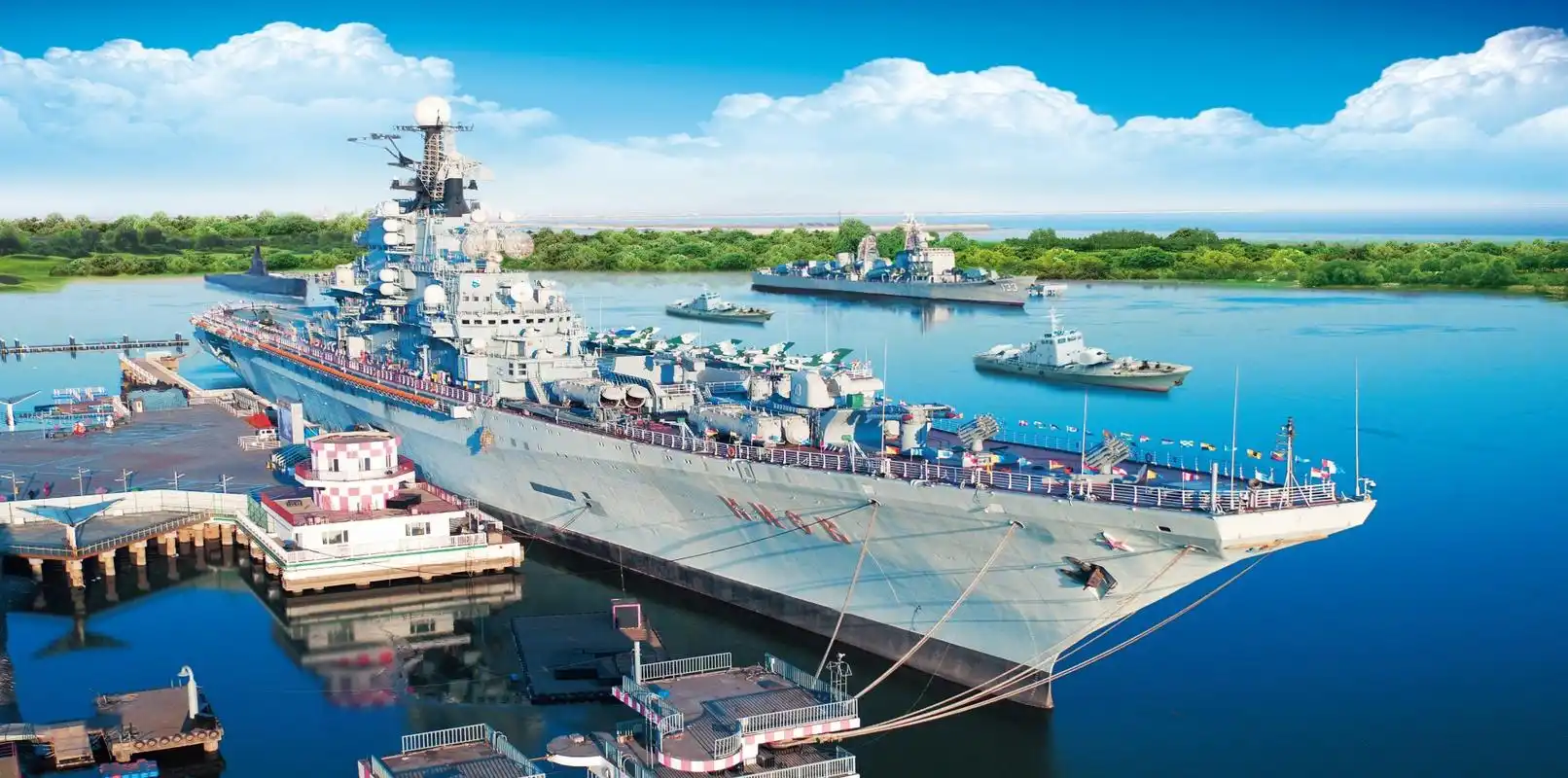 天津滨海航母主题公园位于天津市汉沽区八卦滩,东临渤海湾,西靠汉北