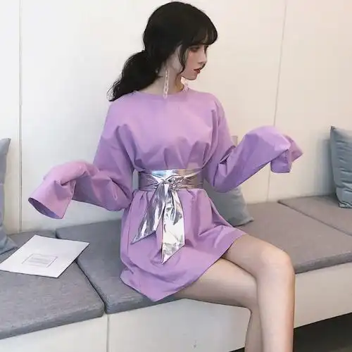 ins紫色长袖巨袖t恤复古社会女上衣网红同款衣服bf心机婊设计感潮_2