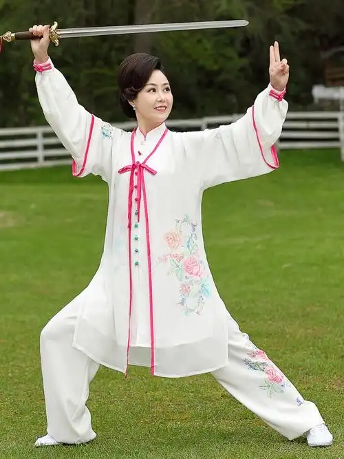 怡静悠新款彩绘太极服修身长款印花表演服春夏季晨练服武术服女款