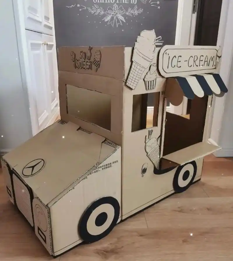 亲子手工用废纸箱做冰激凌车