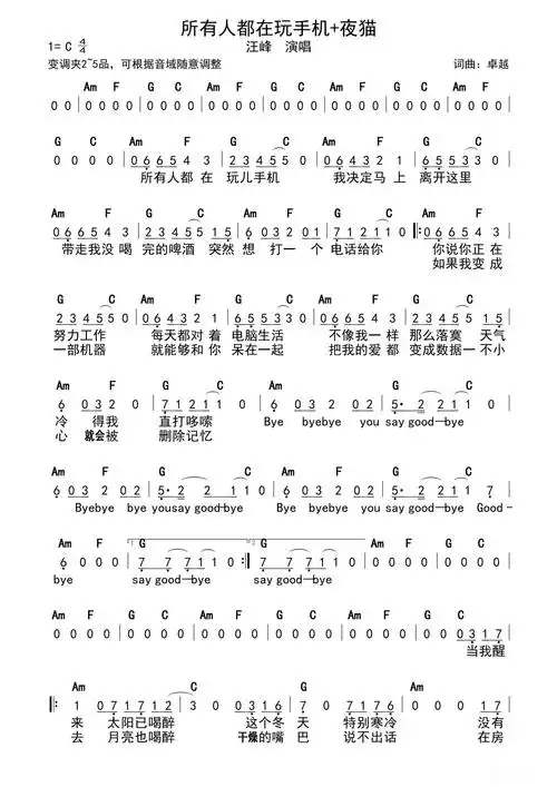 所有人都在玩手机 夜猫简谱 - 汪峰第1张