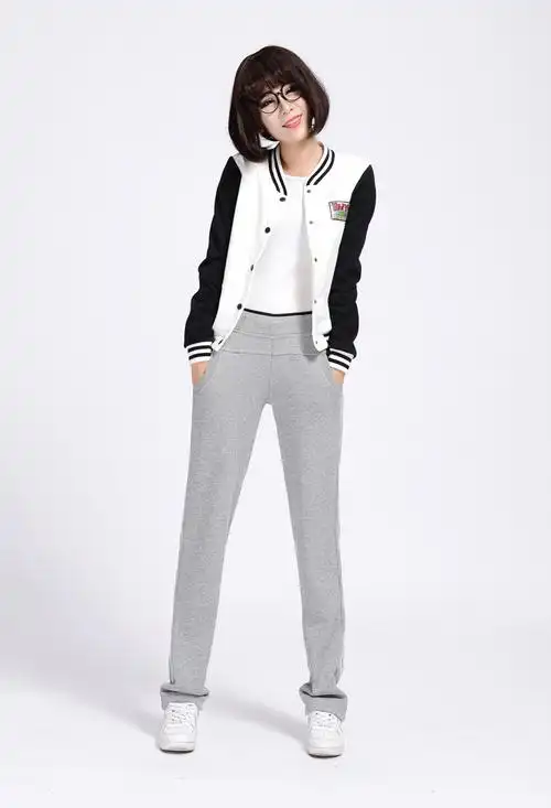 运动裤女 秋冬款加绒加厚卫裤三道杠薄款加长休闲裤直筒大码长裤_女式