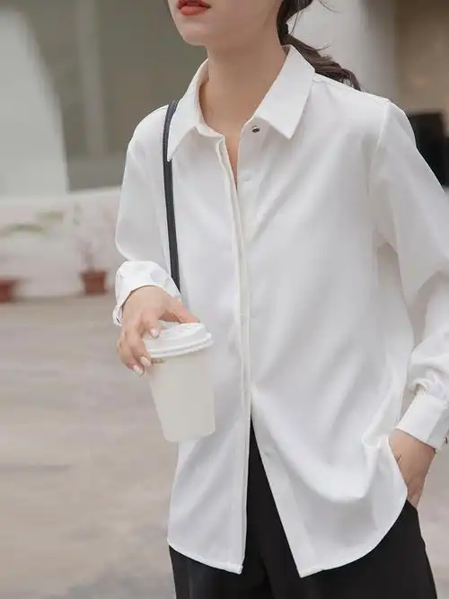 白色长袖衬衫职业正装工作服面试寸衣雪纺上衣秋冬内搭加绒衬衣女