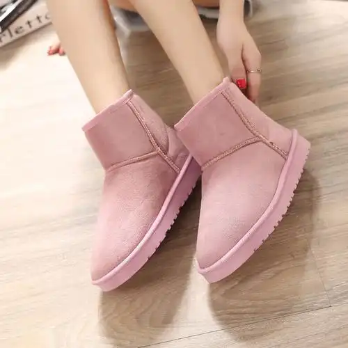 2021冬季新品韩版甜美粉色女生雪地靴复古短筒平底保暖棉靴女靴子