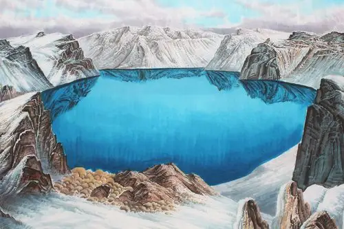 朝鲜国画 《白头山天池》 一级画家 石进作品