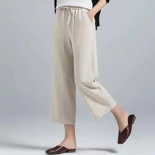 (今日10折)八分棉麻阔腿裤女夏季薄款裤子亚麻女裤直筒宽松休闲裤高腰