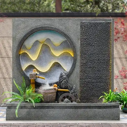 新中式水幕造景水轮风水隔断玄关屏风幕墙水景流水摆件