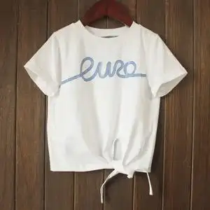 100-150码,欧q*品牌,女童下摆打结t恤衫,儿童夏季白色圆领半袖