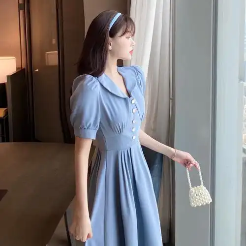 法式复古娃娃领裙子夏季2021新款气质中长款收腰泡泡袖连衣裙女装