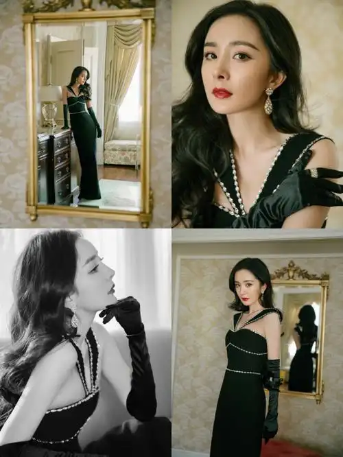 杨幂复古黑手套搭配一袭修身长裙