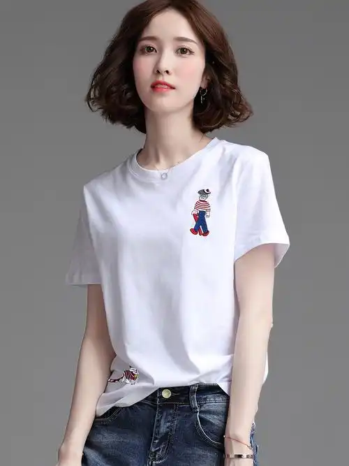 纯棉白色t恤女短袖2022年新款夏装妈妈百搭欧洲站丅t桖短款体恤衫
