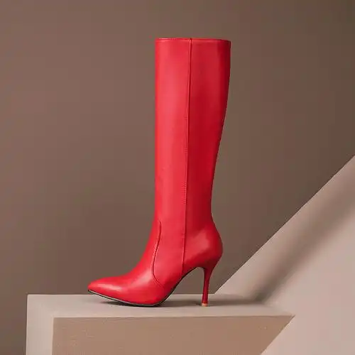 红色女靴秋冬不过长膝女靴尖头细跟性感长靴英伦风高筒靴骑士靴